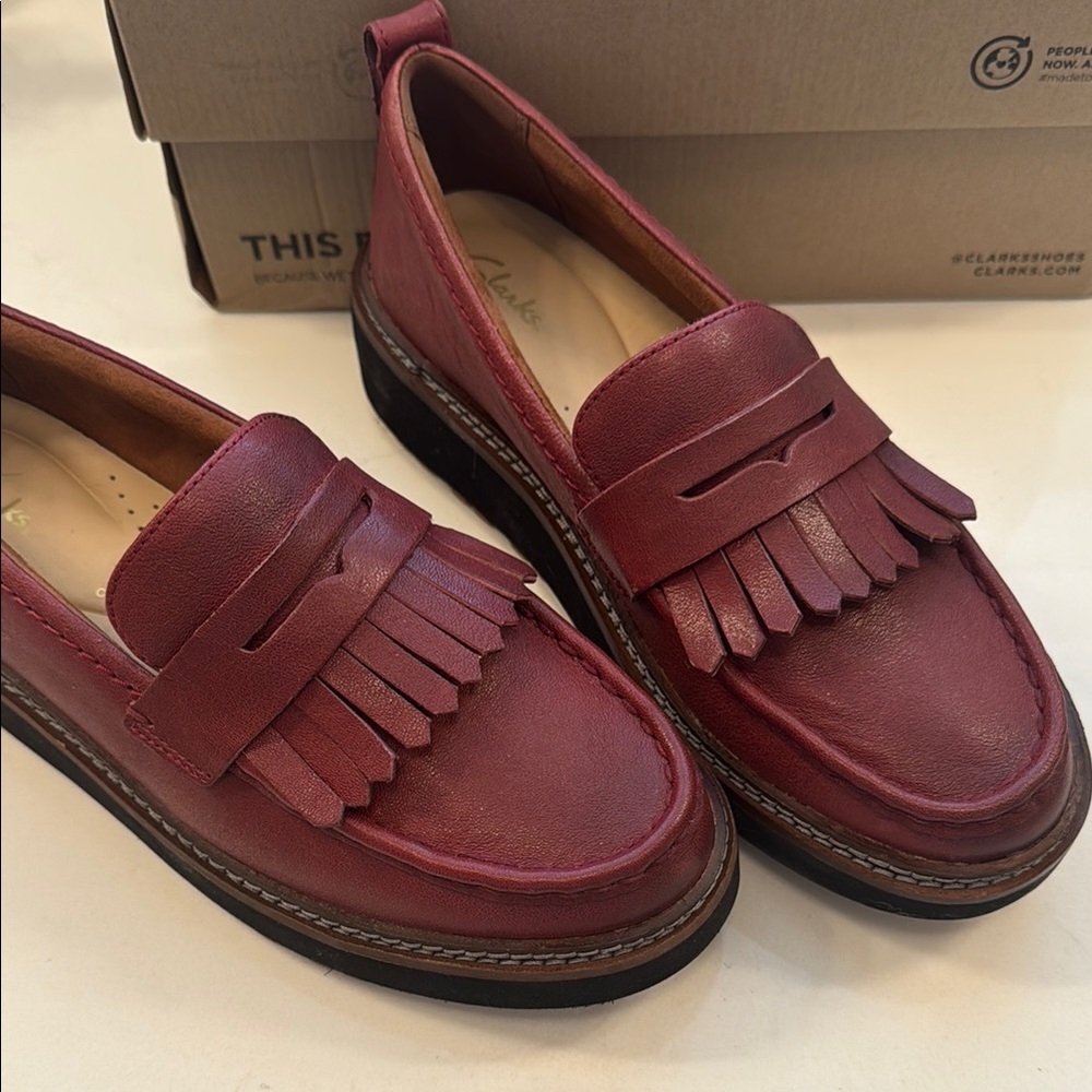 Clarks Red Leather Loafers with Fringe Detail